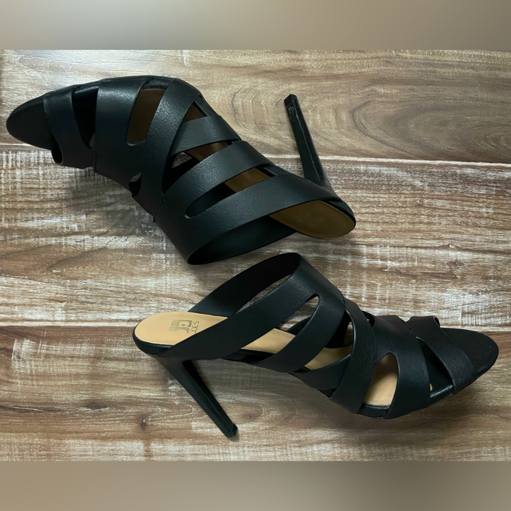 Joe’s Jeans Slip On Heels | Peep Toe | Strappy | Black Leather | Size 8